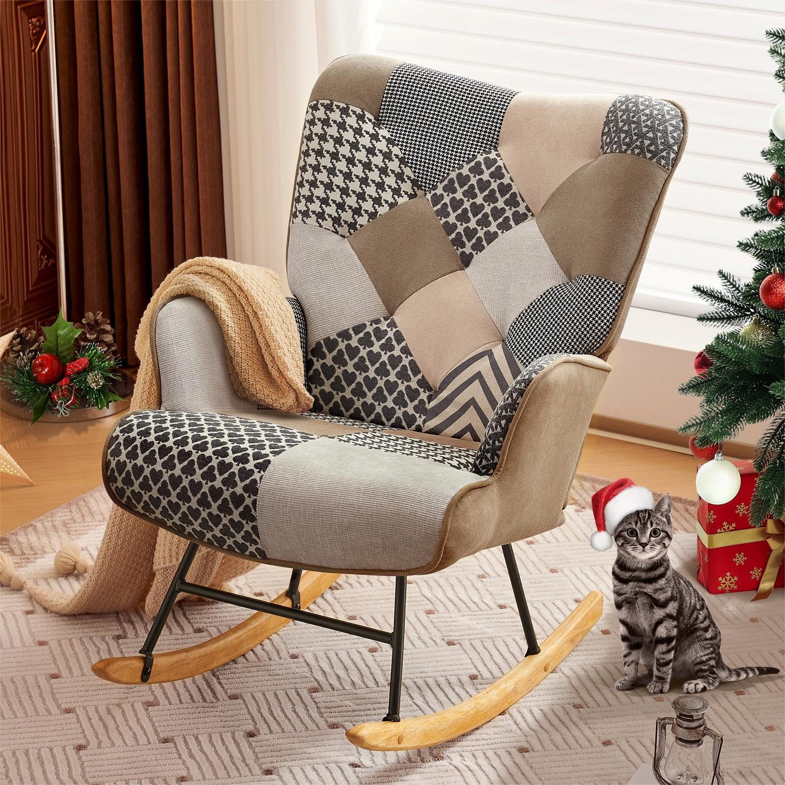 Comfortable High Back Glider Rocking Chair with Wooden Legs - Nursery, Living Room & Bedroom Accent Chair - Perfect for Nursing, Reading & Relaxing (Gray)