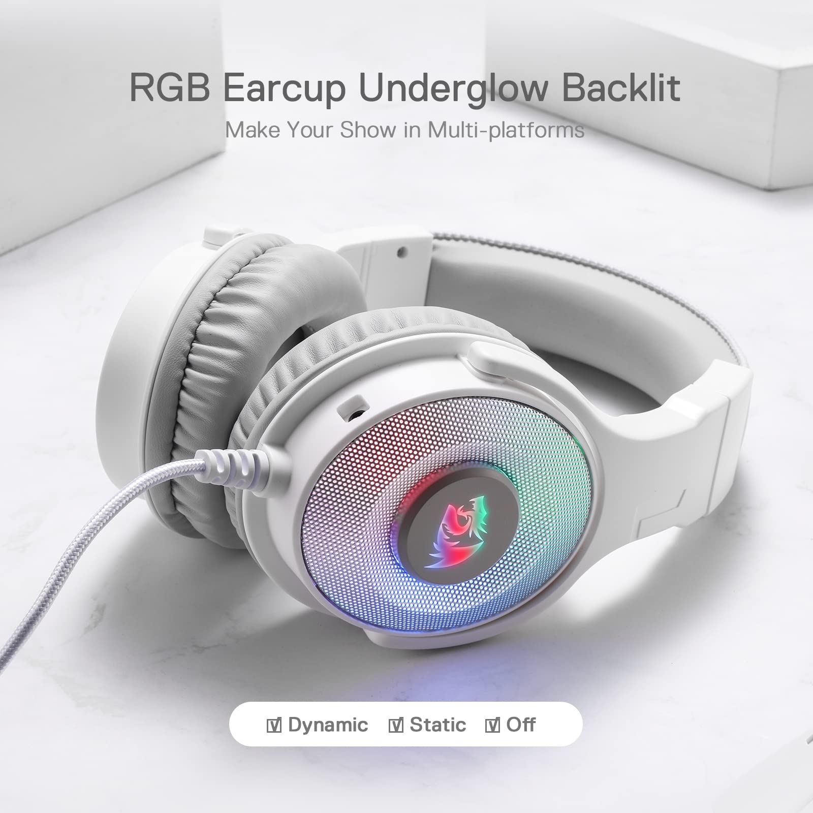 Redragon H350 Wired Gaming Headset - White, RGB Dynamic Backlit, 50mm Stereo Surround Sound, Detachable Mic, Over-Ear Headphones for PC, PS4, Xbox & Streaming