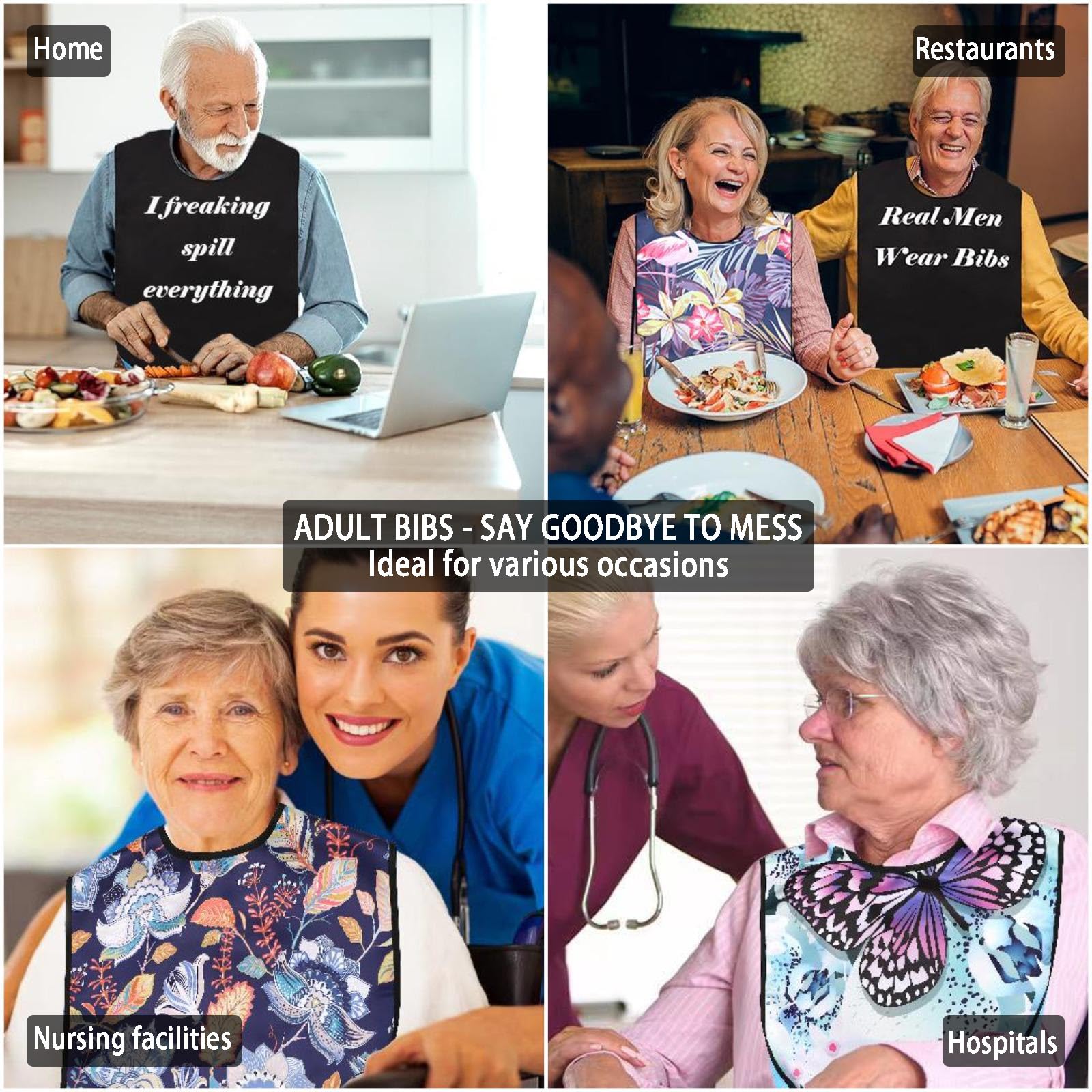 2 Pack Washable & Reusable Adult Bibs for Men & Elderly - Durable Eating Bibs for Dining, Mealtime & Daily Use - Perfect for Seniors, Disabled & Messy Eaters