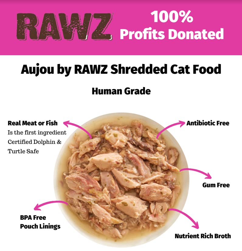 Premium Rawz Aujou Aku Tuna & Salmon Cat Food - Grain-Free, High-Protein Wet Cat Food (8 Pack of 2.46 oz Pouches) - Perfect for Adult Cats & Kittens with Sensitive Stomachs - Ideal for Mealtime, Travel & Outdoor Adventures