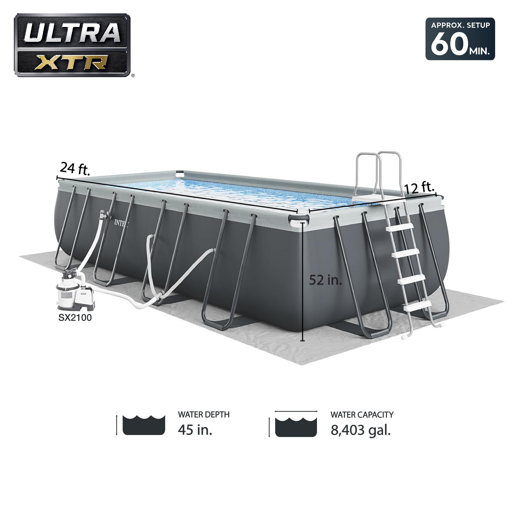 Intex Ultra XTR Frame Rectangular Above Ground Swimming Pool with 800 GPH Pump, Robotic Cleaner Vacuum & 21ft Hose - Complete Pool Maintenance Kit for Backyard, Family Fun & Summer Relaxation