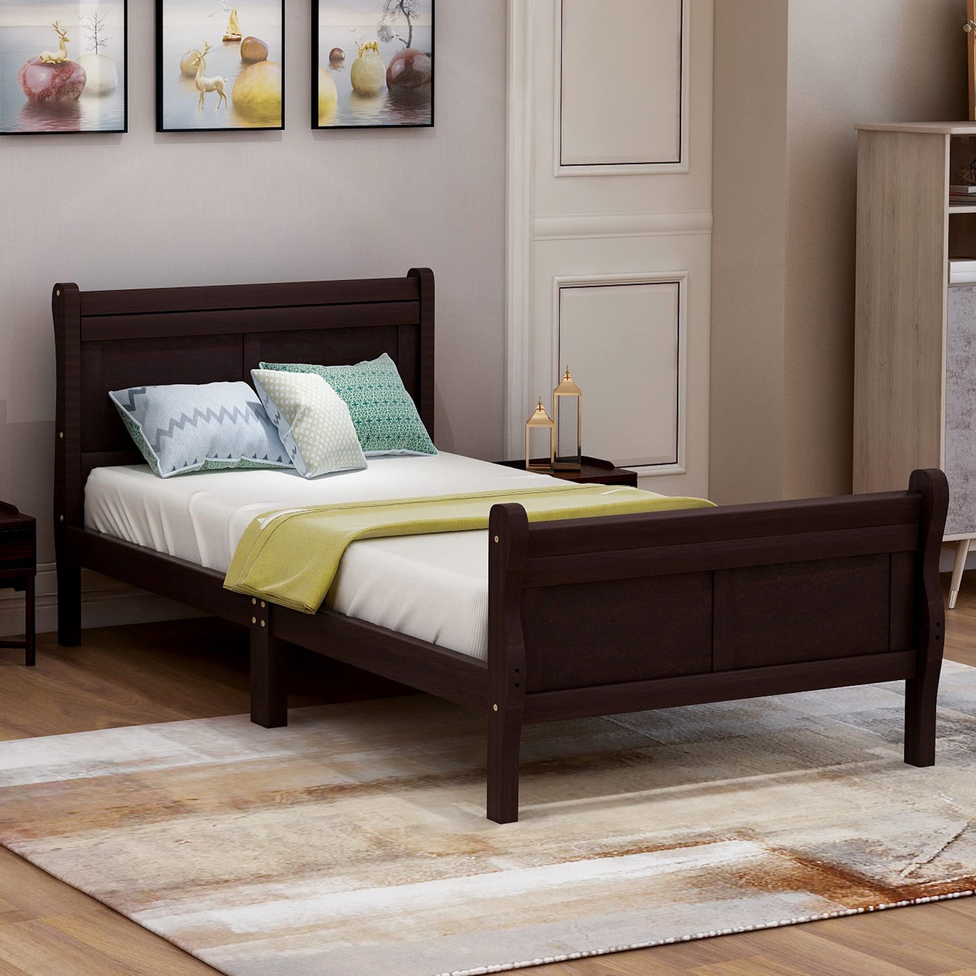 Rockjame Twin Platform Bed Frame with Headboard & Footboard - Rustic Espresso Wood Bed for Bedroom, Guest Room | Sturdy & Simple Design for Small Spaces & Kids Rooms
