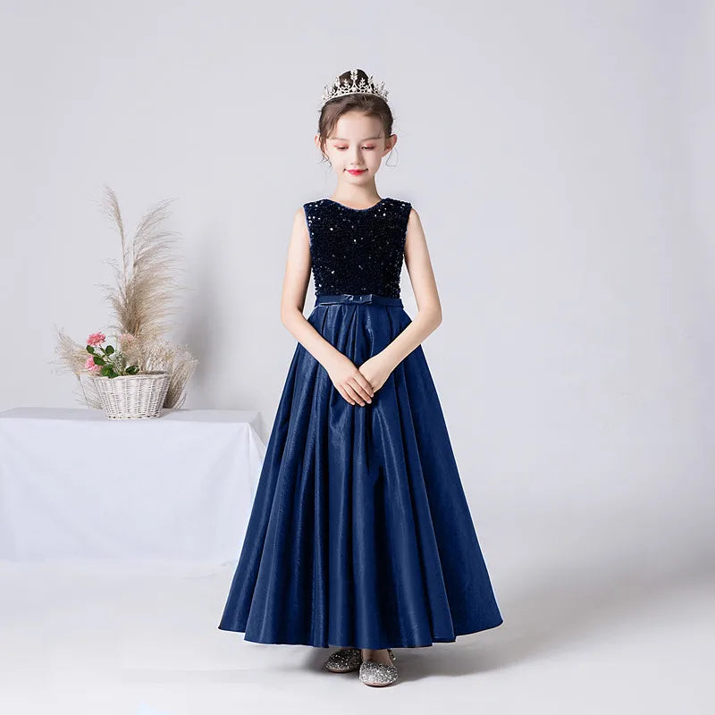 Elegant Satin Long Formal Dress for Girls - Black & Navy Blue Princess Gown for Birthday Parties, Prom, Pageants & Special Occasions