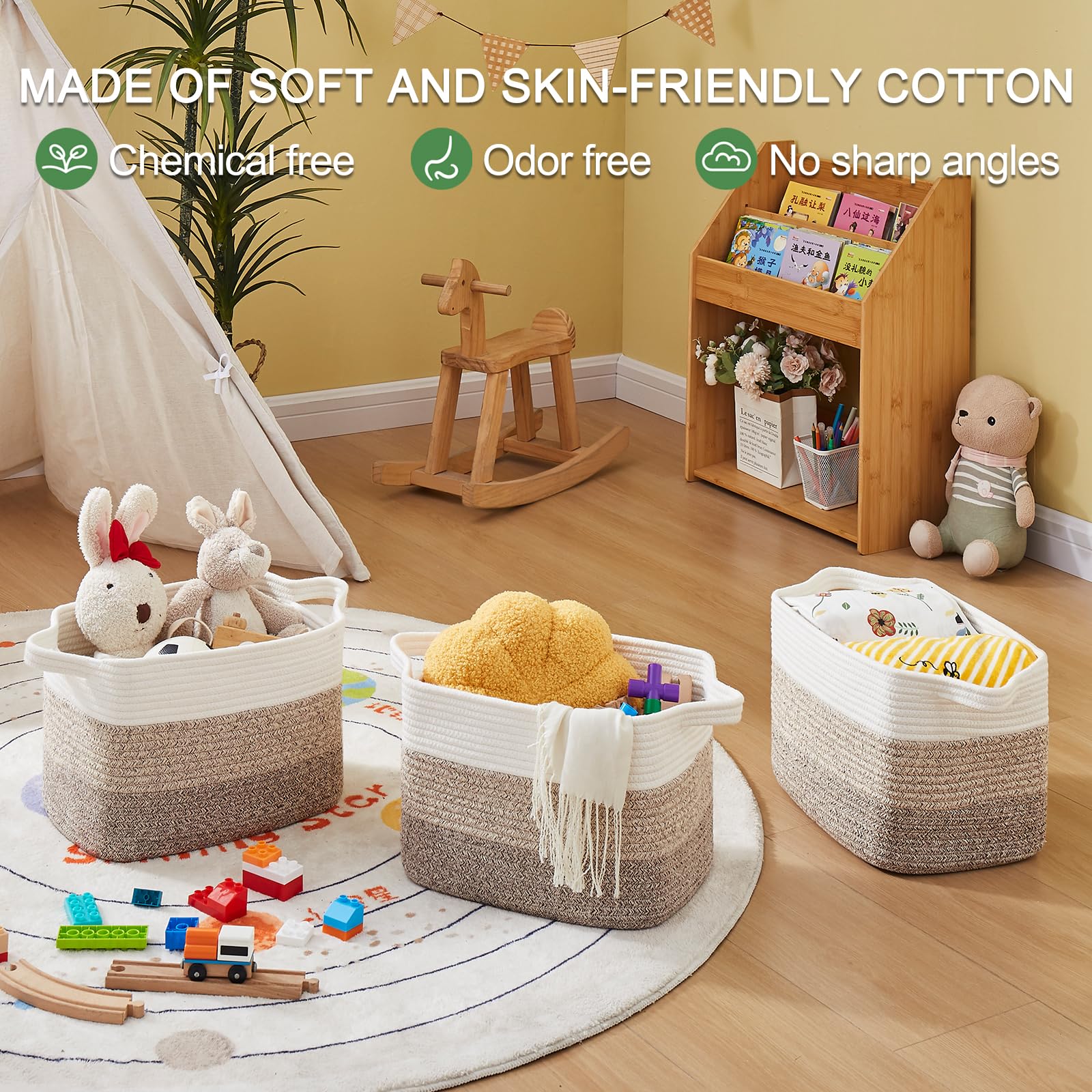 OIAHOMY 3-Pack Woven Cotton Rope Storage Baskets - Gradient Yellow, Multi-Purpose Organizer for Toys, Towels, Bathroom & Home Decor | Perfect for Nursery, Laundry Room & Closet Organization