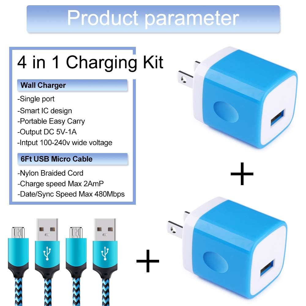 Fast Charging Micro USB Cable & Wall Plug 4-Pack - 6ft Nylon Braided Charger Cord with 1A/5V Power Adapter for Samsung Galaxy S7/S6 Edge/S4/Note 5, Moto G5 Plus/E4/G6 Play, HTC - Perfect for Home, Office & Travel Charging