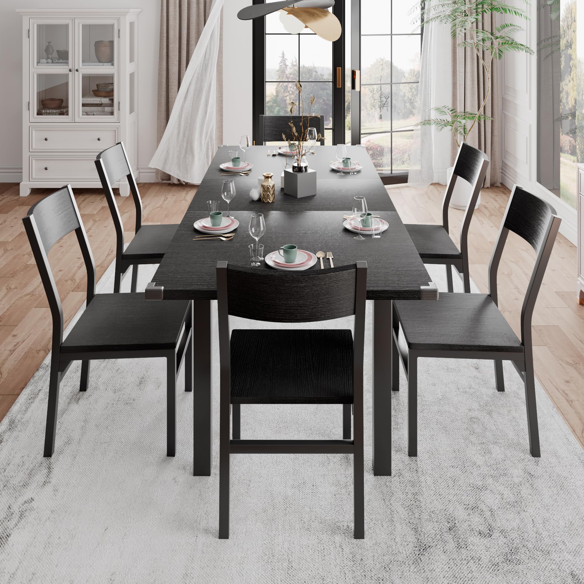 Feonase 63 Inch Extendable Dining Table Set with 6 Chairs - 7-Piece Mid-Century Modern Kitchen Table for Small Spaces, Heavy Duty Metal Frame in Black | Perfect for Apartments, Breakfast Nooks & Compact Dining Areas
