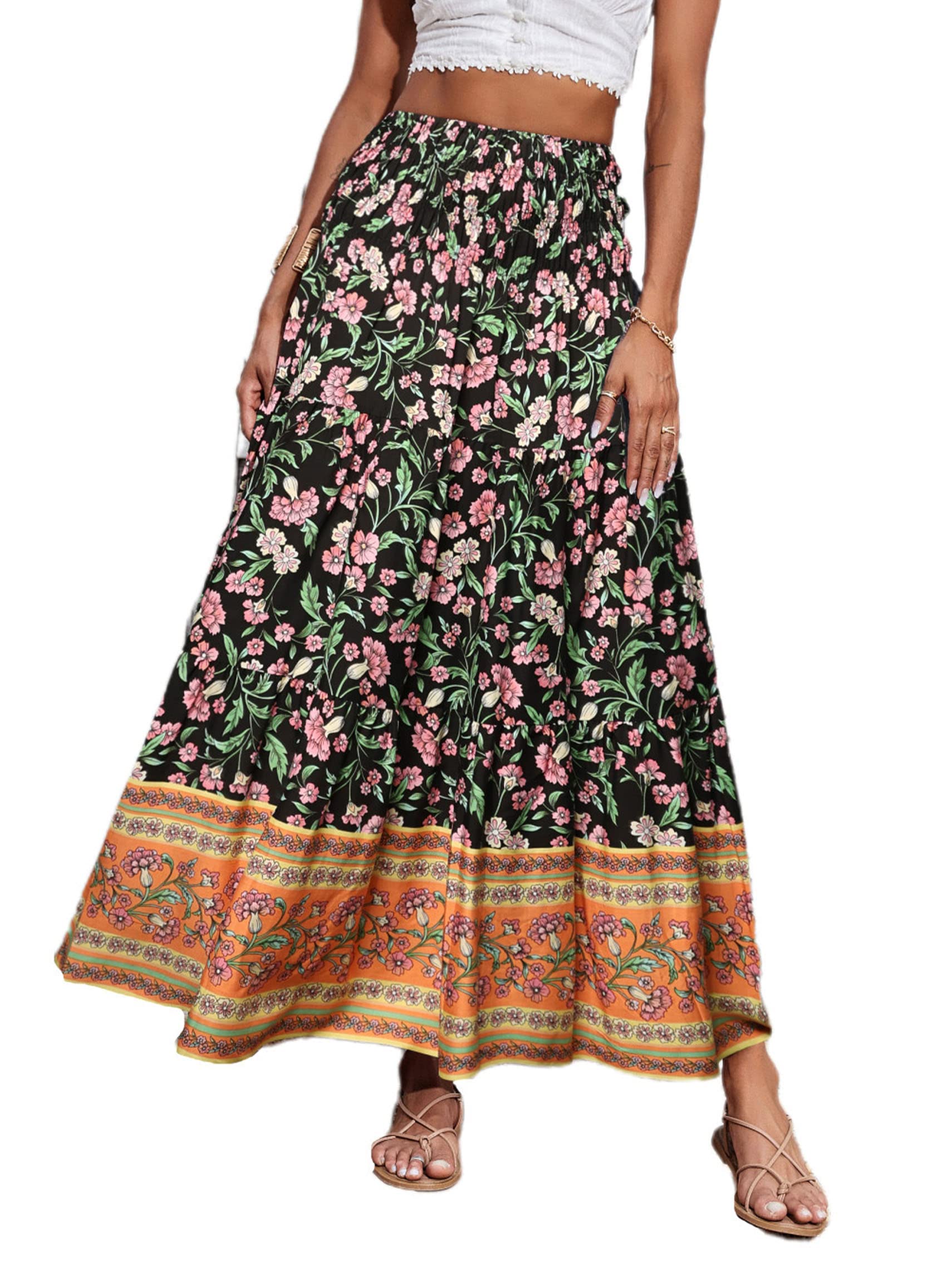 CFLONGE Women's Bohemian Long Maxi Skirt - Flowy High Waist A-Line Pleated Summer Skirt for Women | Beach, Vacation, Festival & Casual Outfit