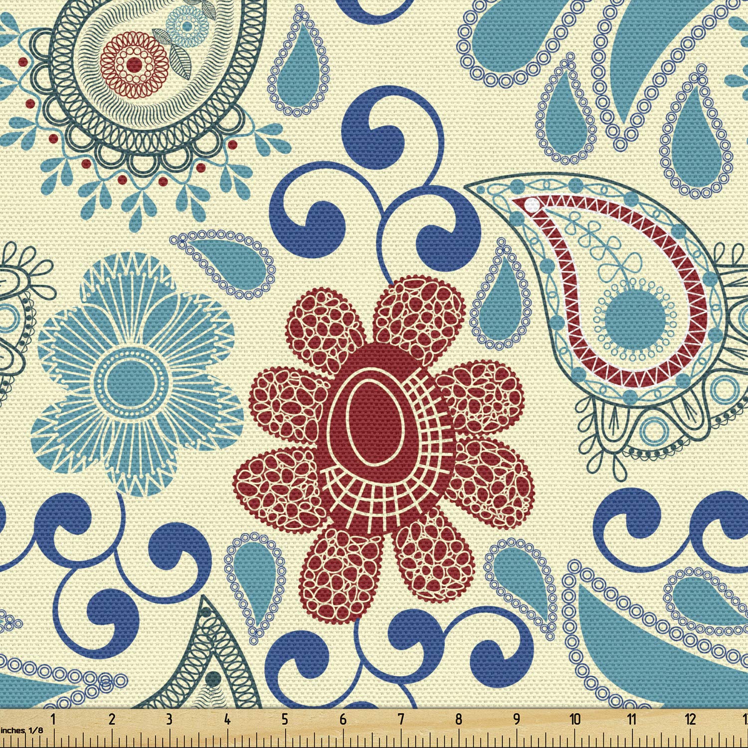 Ambesonne Blue Paisley Fabric by The Yard - Vintage Floral Folk Art Design for Upholstery, Curtains & Home Decor | 10 Yards Cream Multicolor Cotton Fabric | Perfect for DIY Projects, Sofa Covers & Decorative Pillows