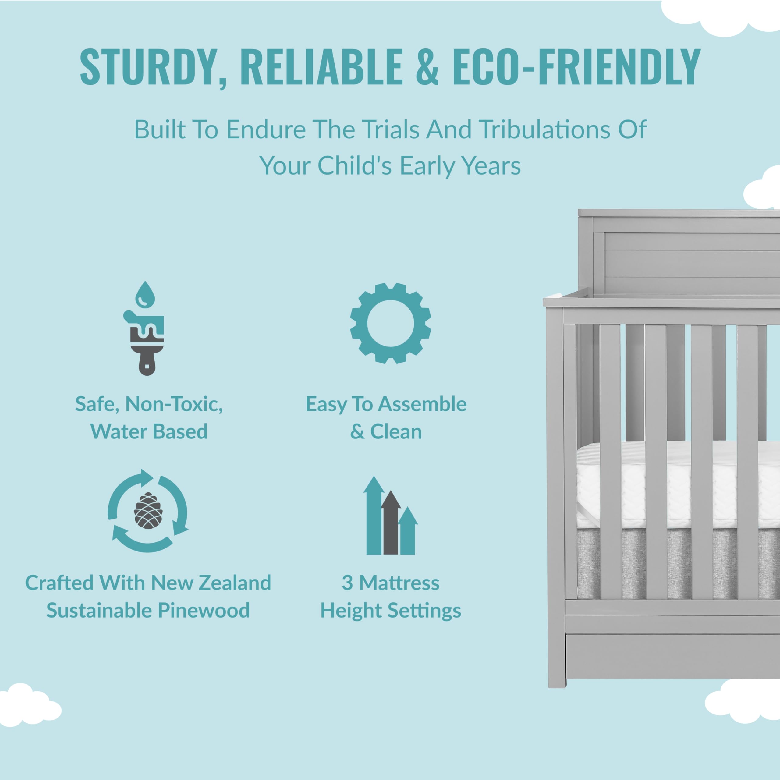 Evolur Dream On Me Reign 5-in-1 Convertible Crib with Storage Drawer | Pebble Grey Nursery Furniture | JPMA & Greenguard Gold Certified | Sustainable Pinewood Construction | Non-Toxic Water-Based Paint | Safe Baby Crib for Nursery, Bedroom & Daycare