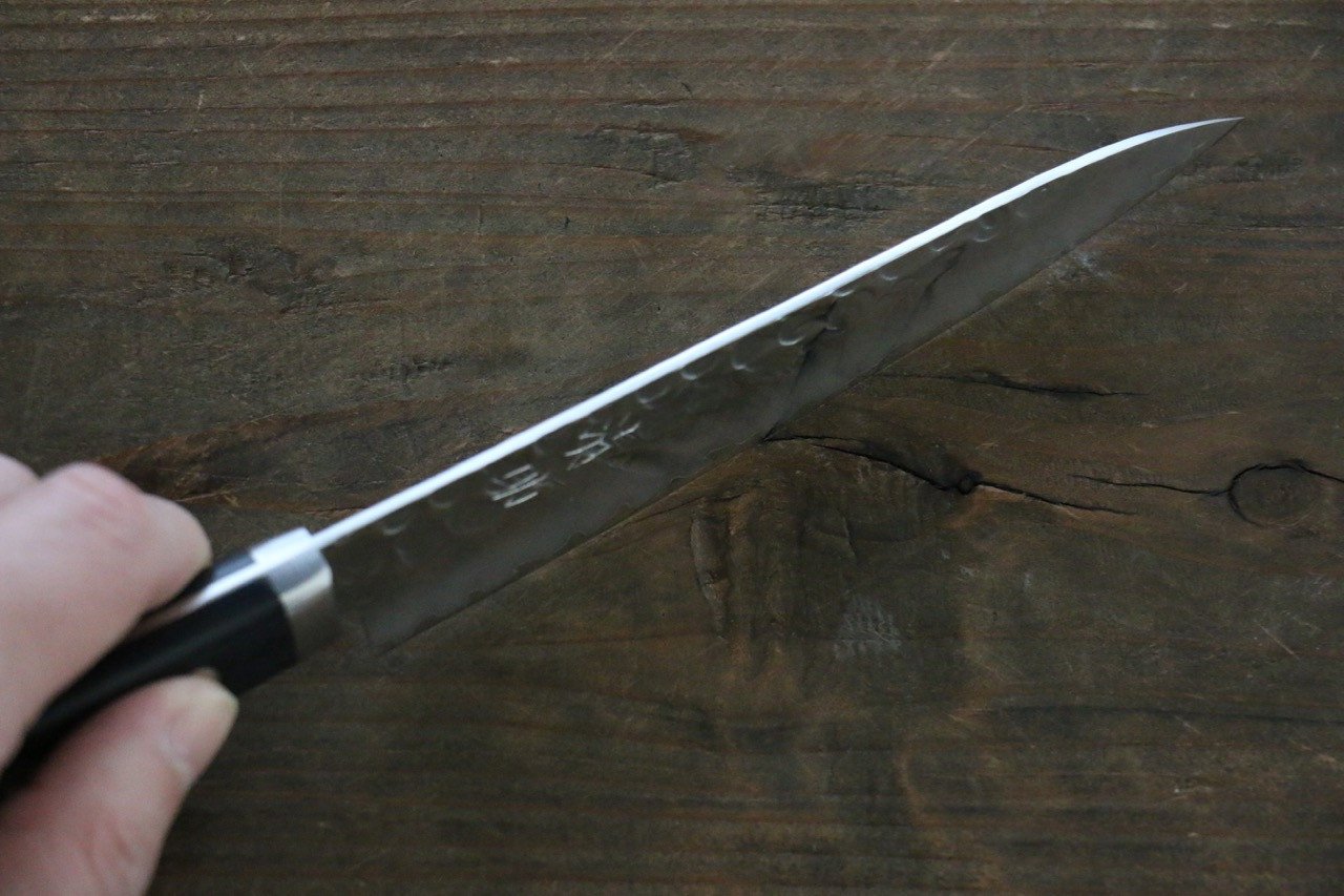 Seisuke VG1 Hammered Migaki Finished Petty Utility Knife 135mm with Pakka Wood Handle - Perfect for Slicing, Peeling & Precision Kitchen Tasks
