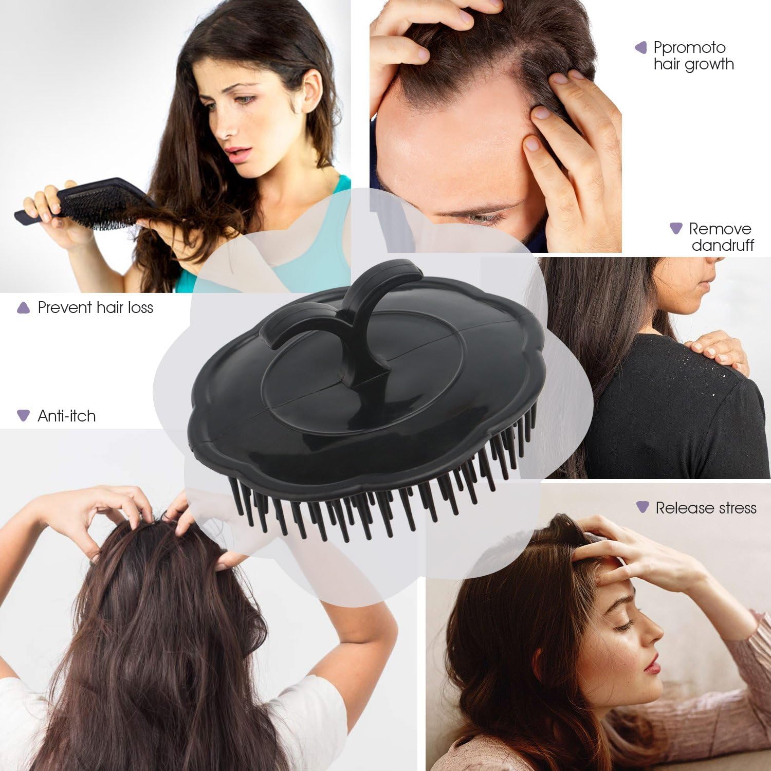 APOEM 4-Piece Scalp Massage Brush Set - Long & Short Teeth Shampoo Brush for Hair Growth, Beard Grooming & Pet Care (Black) - Wet/Dry Use for Relaxation & Scalp Stimulation in Shower or Home Spa
