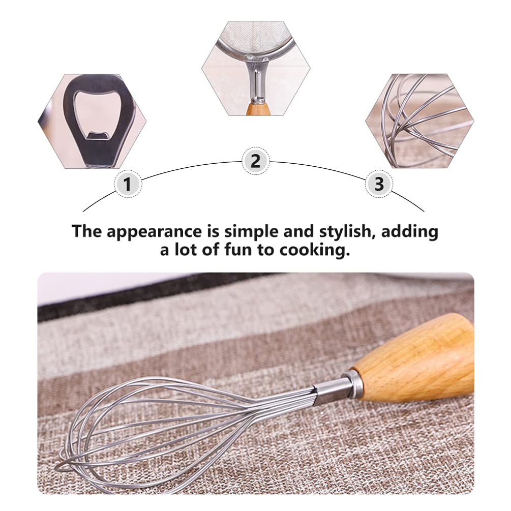 Manual Egg Cap Opener, Small Wire Whisk & Wooden Powdered Sugar Sieve - Essential Kitchen Hand Tools for Baking, Cooking & Housewarming Gifts