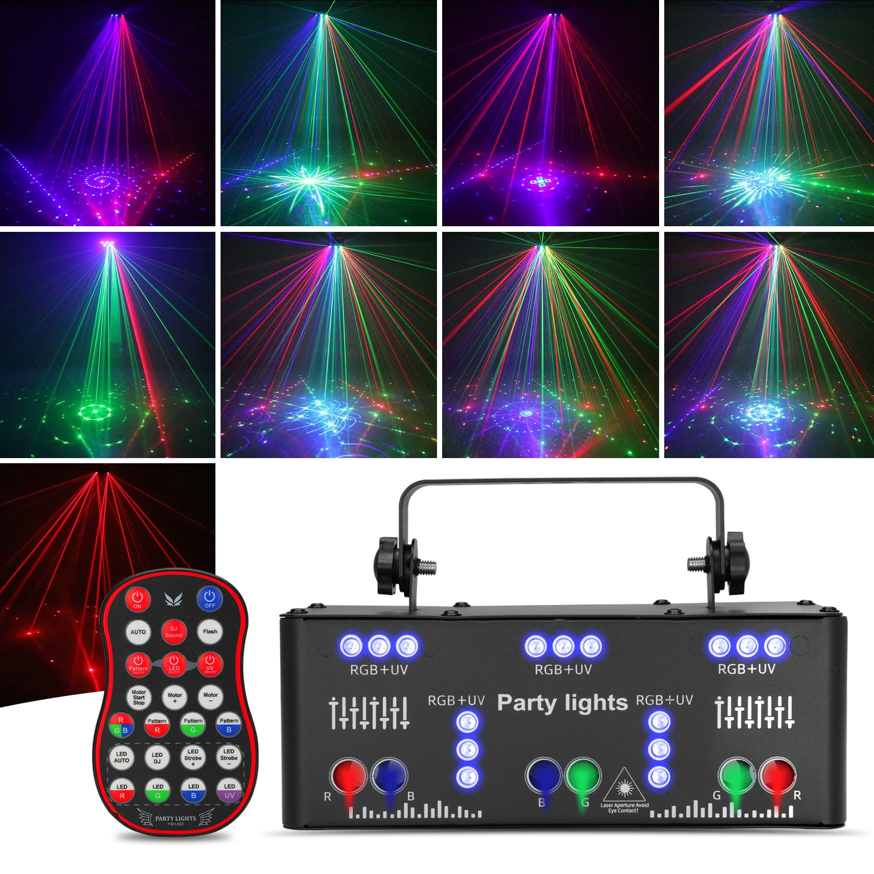 21 Eye RGB DJ Party Strobe Lights - DMX 512 Sound Activated Disco Laser Projector with Remote Control for Nightclubs, Home Parties & Stage Performances