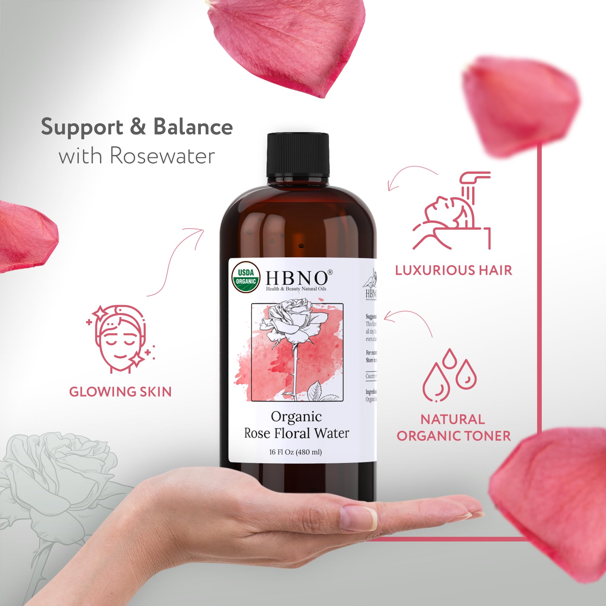 **HBNO California Organic Rose Water for Face & Hair - 16 fl oz (480ml) USDA Certified Pure Rosewater - Hydrating Skincare & Haircare Solution for Dry Skin & Frizz Control**    *(Use for toning, refreshing, hydrating skin, reducing frizz, and soothing irritation)*