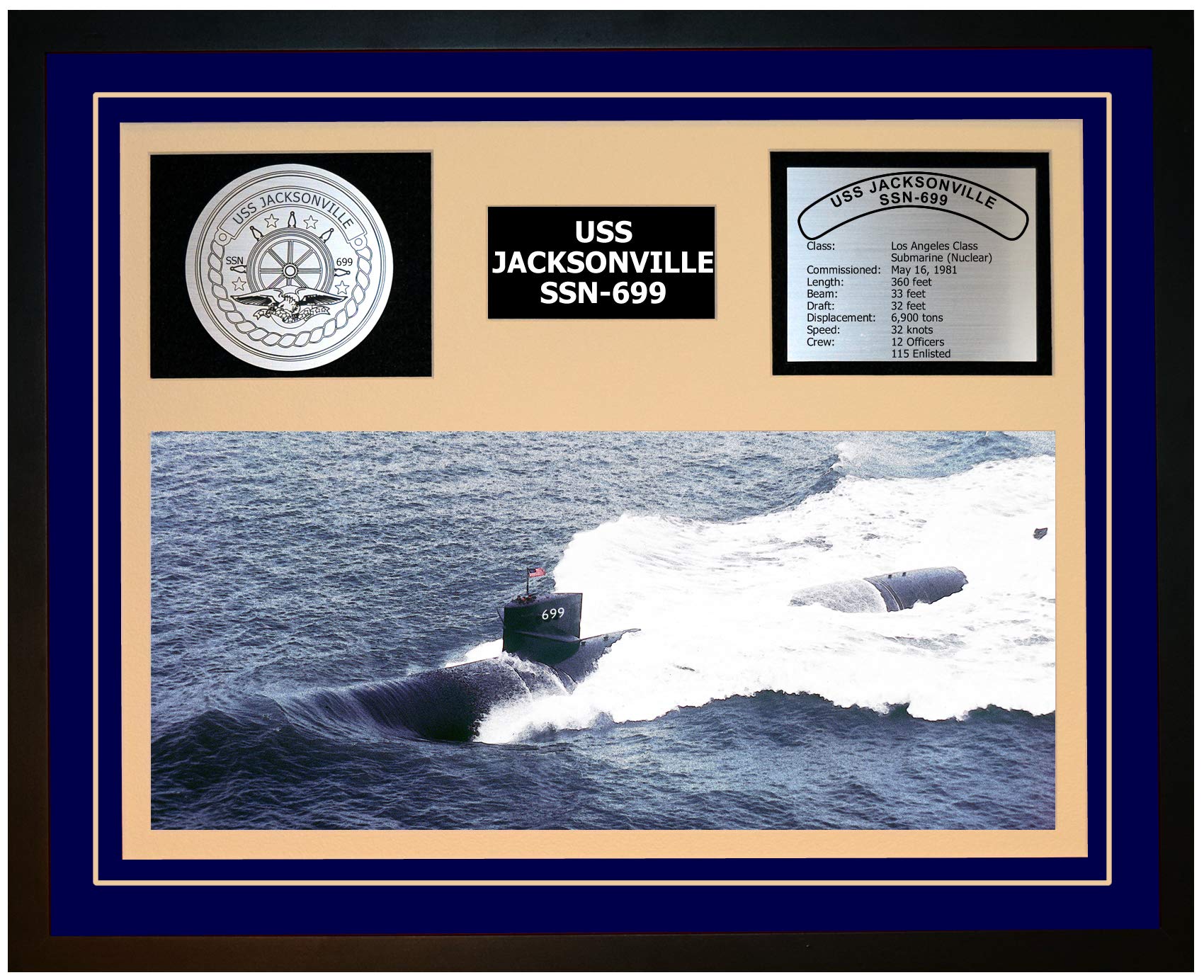 USS Jacksonville SSN 699 Navy Submarine Ship Display - Framed Blue Military Memorabilia - Perfect for Navy Veterans, Military Collectors & Home Office Decor