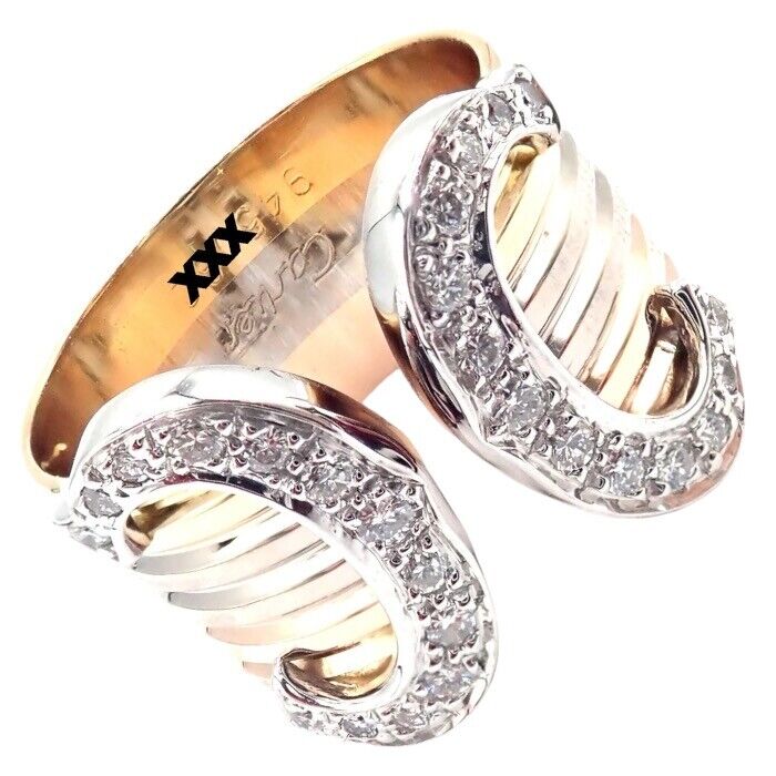 Authentic Cartier Diamond Double C 18k Tri-Color Gold Band Ring - Size 52 (US 6) - Luxury Jewelry for Women, Perfect for Weddings, Anniversaries & Special Occasions