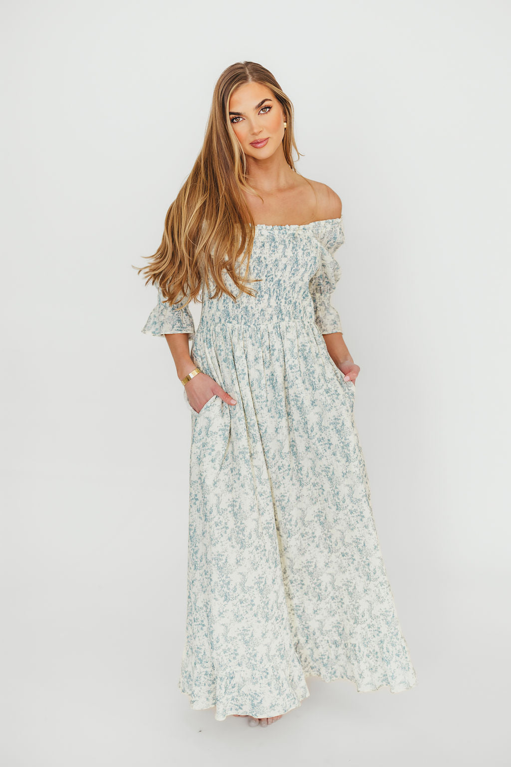 Sienna 100% Cotton Puff Sleeve Maxi Dress - Blue Floral Print Maternity Dress for Pregnancy | Bump Friendly, Comfortable & Stylish for Summer, Beach, Vacation & Special Occasions