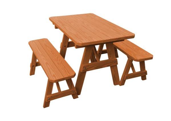 A & L Furniture Traditional Dining Table with 2 Benches - Free Umbrella Hole Included | Perfect for Patio, Garden & Outdoor Dining