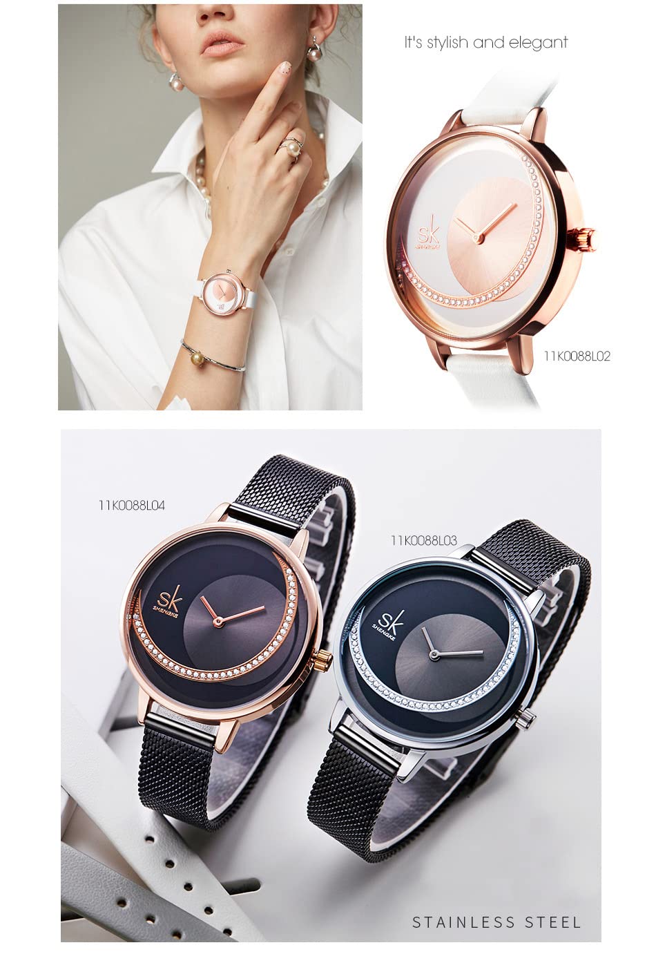 Elegant Gosasa Women's Dress Watch with Inspiration Dial - Leather & Stainless Steel Mesh Band - Classic Wristwatch for Ladies | Perfect for Office, Parties & Special Occasions