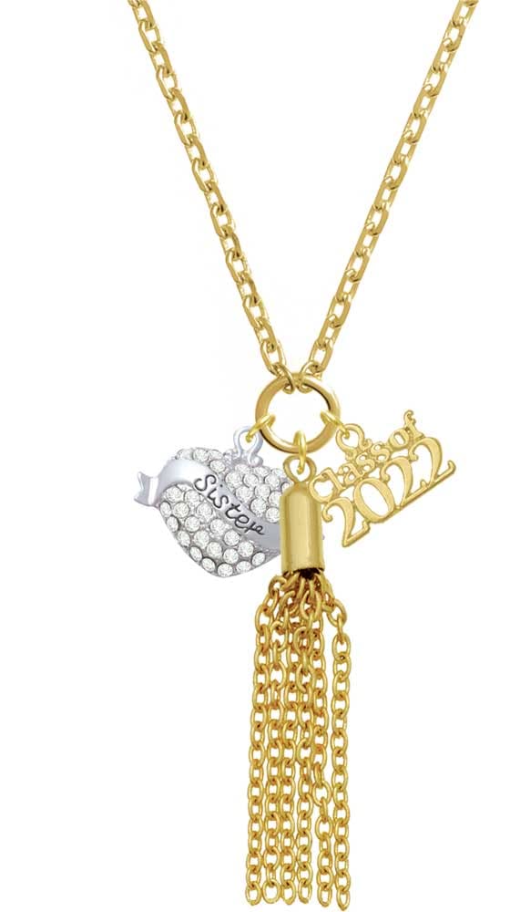 Delight Jewelry Silver Tone Sister Banner Crystal Heart Gold Tone Class of 2022 Graduation Tassel Necklace - 28 Inch - Perfect for Graduation Gifts, Sister Keepsakes & Special Occasions