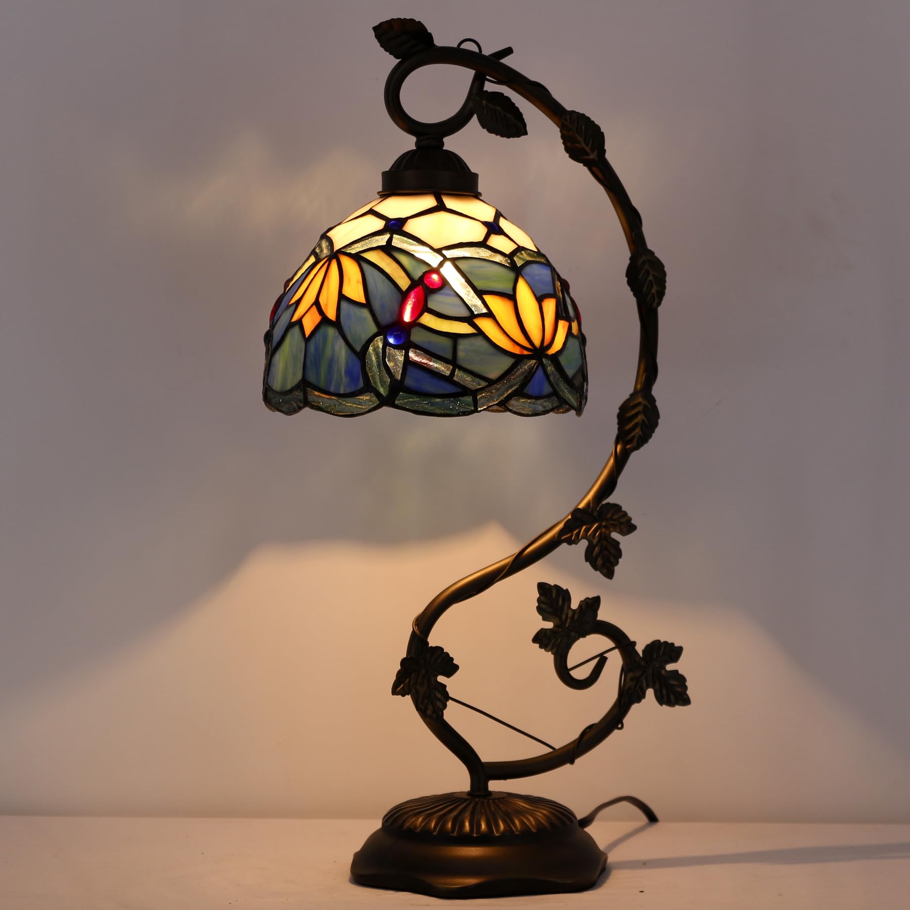 Tiffany Style Blue Stained Glass Lotus Table Lamp with Metal Leaf Base - 8x10x21 Inch Desk Reading Light for Bedroom, Home Office & Small Space Decor | S220 Series | Perfect for Cozy Reading Nooks & Nightstand Lighting