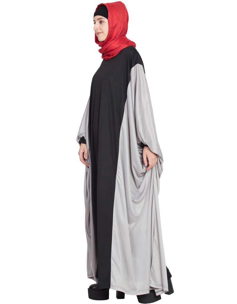 Elegant Arabic Kaftan Style Contrast Black Grey Iranian Abaya Dress - Perfect for Eid, Ramadan & Special Occasions