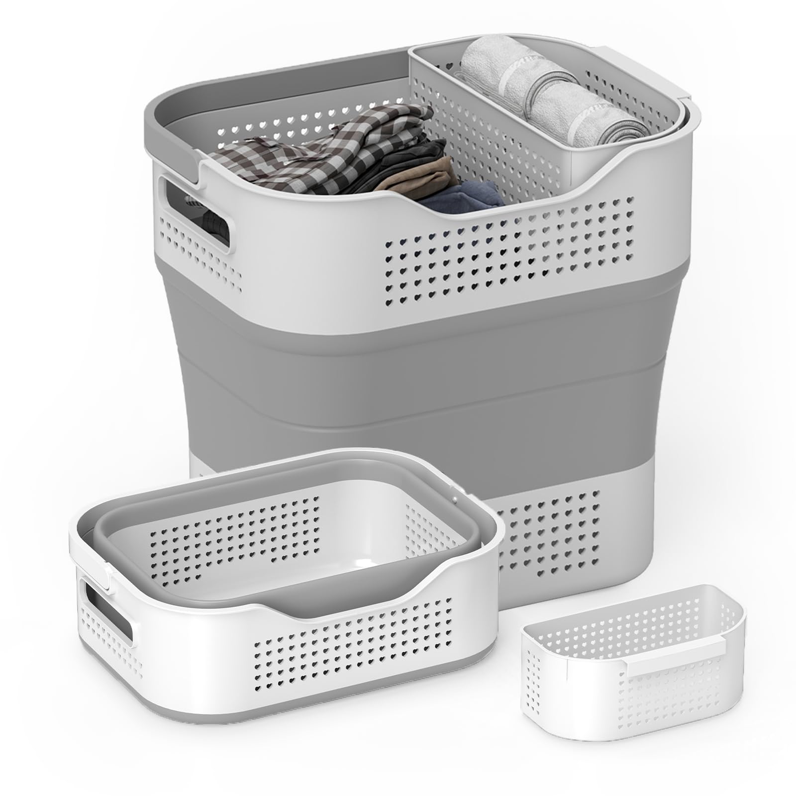 TECHMILLY Collapsible Plastic Laundry Basket with Handles - 43L (11.5 Gallon) Portable Foldable Clothes Hamper - Space Saving Storage Organizer for Laundry Room, Dorm, Camping & Travel - Grey