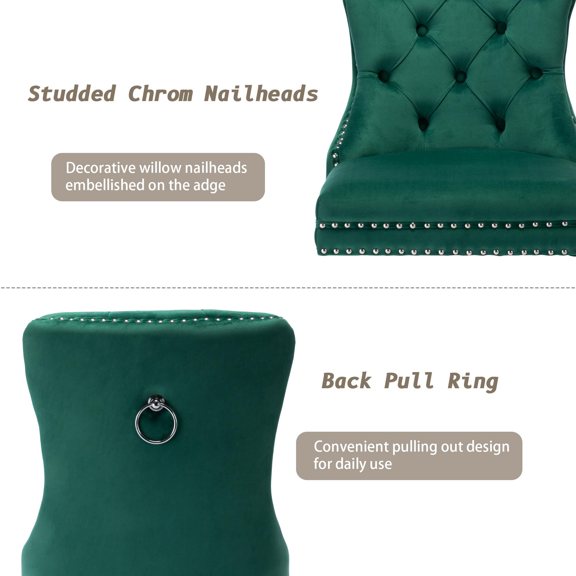 KCC Velvet Dining Chairs Set of 2 - Upholstered Tufted Modern Dining Room Chairs with Nailhead Trim & Solid Wood Legs, Nikki Collection Green Velvet Kitchen Chairs for Dining Room, Restaurant & Home Decor