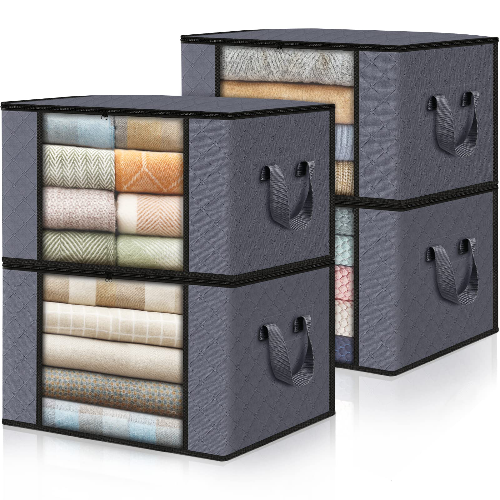 Fabspace Large Storage Bags 60L (4 Pack) - Heavy Duty Clothes Organizer with Sturdy Zippers & Handles for Blankets, Comforters, Seasonal Clothing | Space Saving Collapsible Design for Closet, Underbed & Travel Storage - Grey