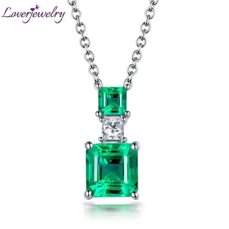18K White Gold Princess Cut Emerald Pendant with Natural Diamonds - Elegant Women's Jewelry Gift for Anniversary, Birthday & Special Occasions