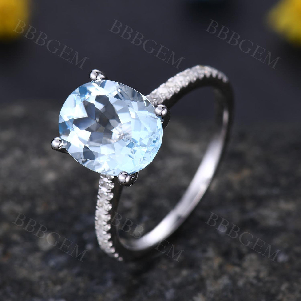 14K White Gold Oval Cut Aquamarine Solitaire Ring with Half Eternity Diamond Accents - Perfect for Engagement, Anniversary & Special Occasion Gifts