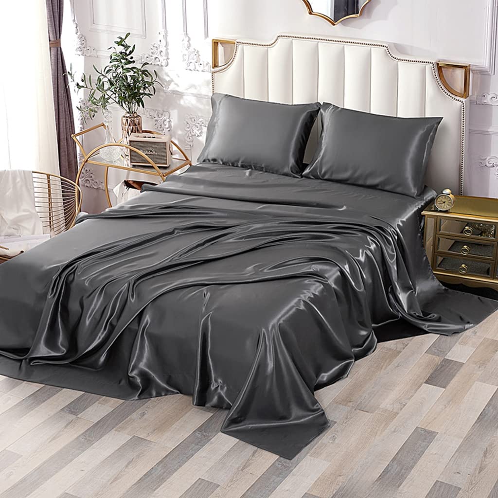 Sfoothome 4-Piece Satin Queen Bed Sheet Set - Charcoal Silky Smooth 14