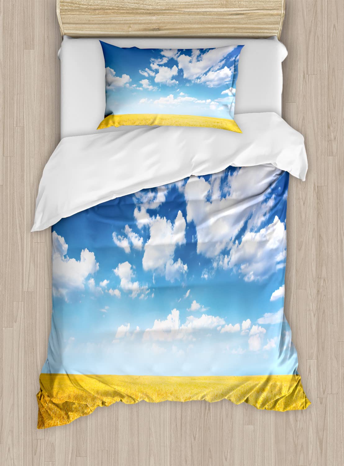 Ambesonne Yellow and Blue Duvet Cover Set - Vibrant Summer Harvest Wheat Field Farm Scenery Bedding - 2 Duvet Covers & 2 Pillowcases - Twin Size 2-Pack - Earth Tones - Perfect for Farmhouse, Cottage, or Country Style Bedrooms