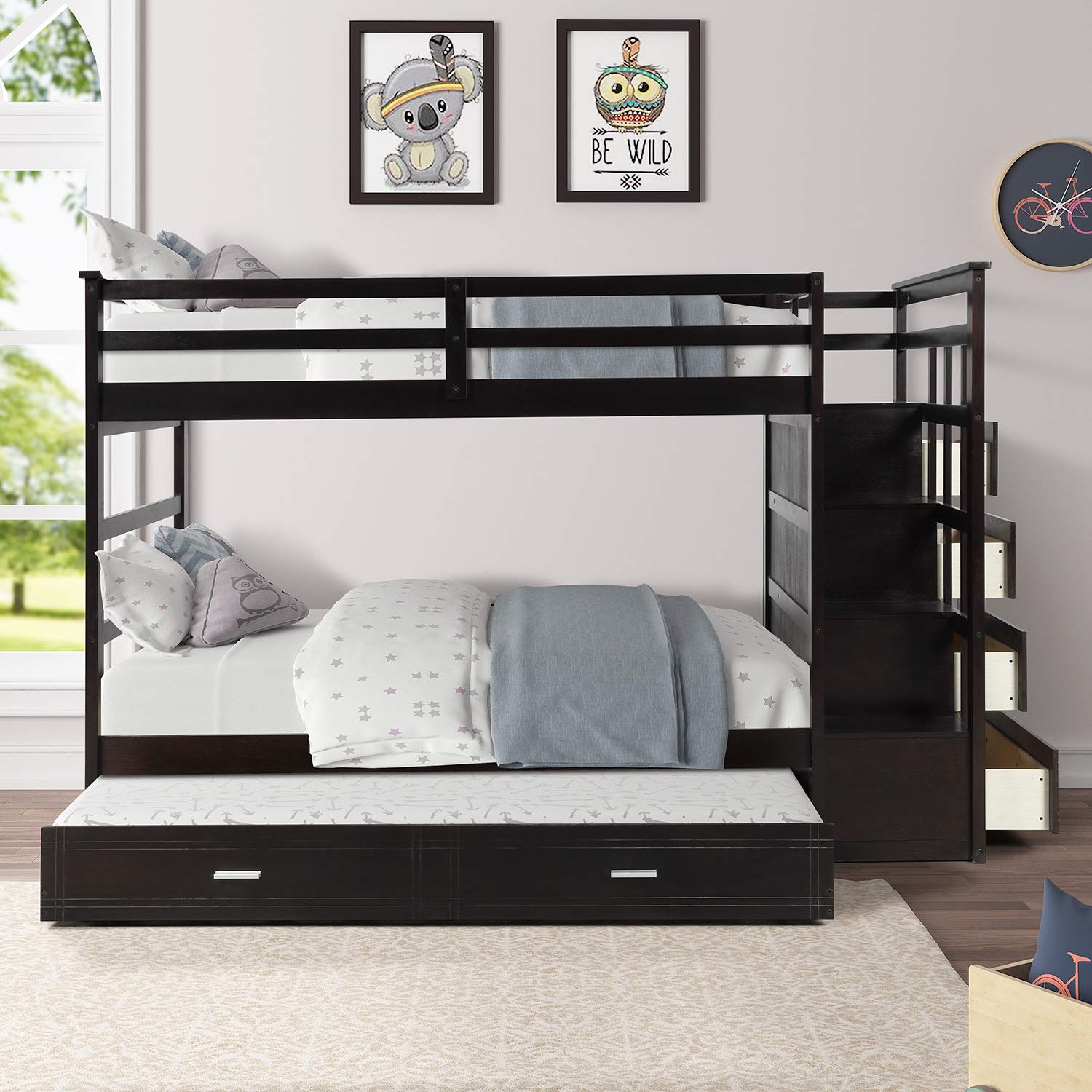Twin Bunk Bed with Trundle & Storage Stairs - Solid Wood Frame for Kids' Bedroom