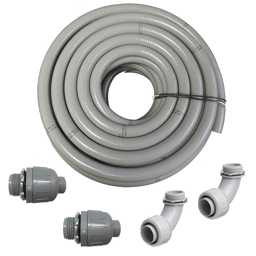 1-1/2 Inch x 25ft HydroMaxx Flexible PVC Non-Metallic Liquid Tight Electrical Conduit Kit - UL Listed - Includes 2 Straight & 2 Angle Fittings - Ideal for Outdoor Wiring, Underground Installations & Industrial Electrical Projects