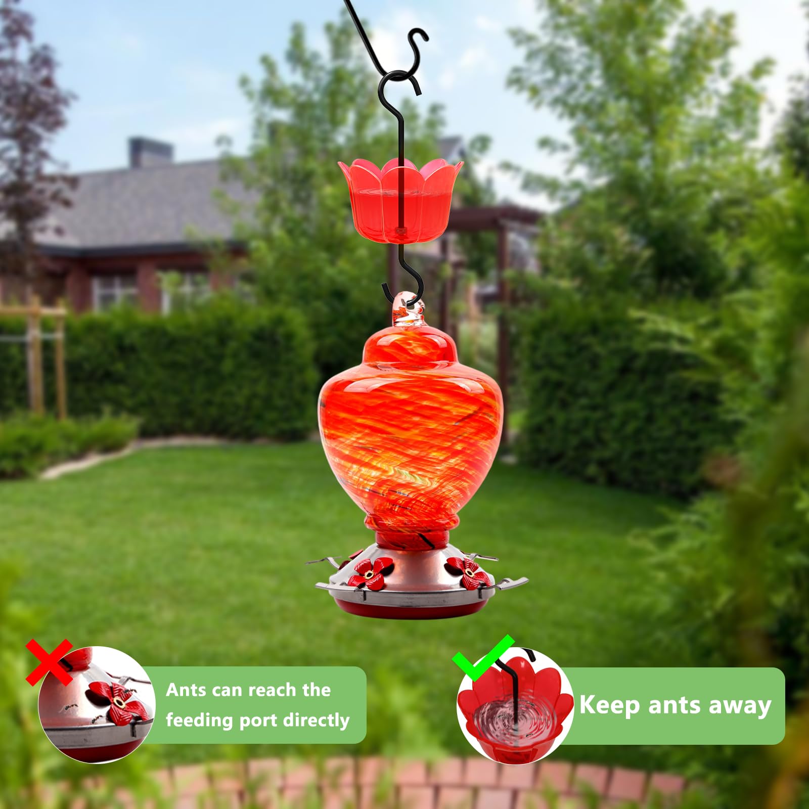 6 OZ x 2 Ant Moat for Hummingbird Feeders - Red Flower Ant Guard with 2 Rustproof S Hooks & Cleaning Brushes | Durable Plastic & Metal Hummingbird Feeder Accessories | Perfect for Outdoor Bird Watching & Garden Decoration