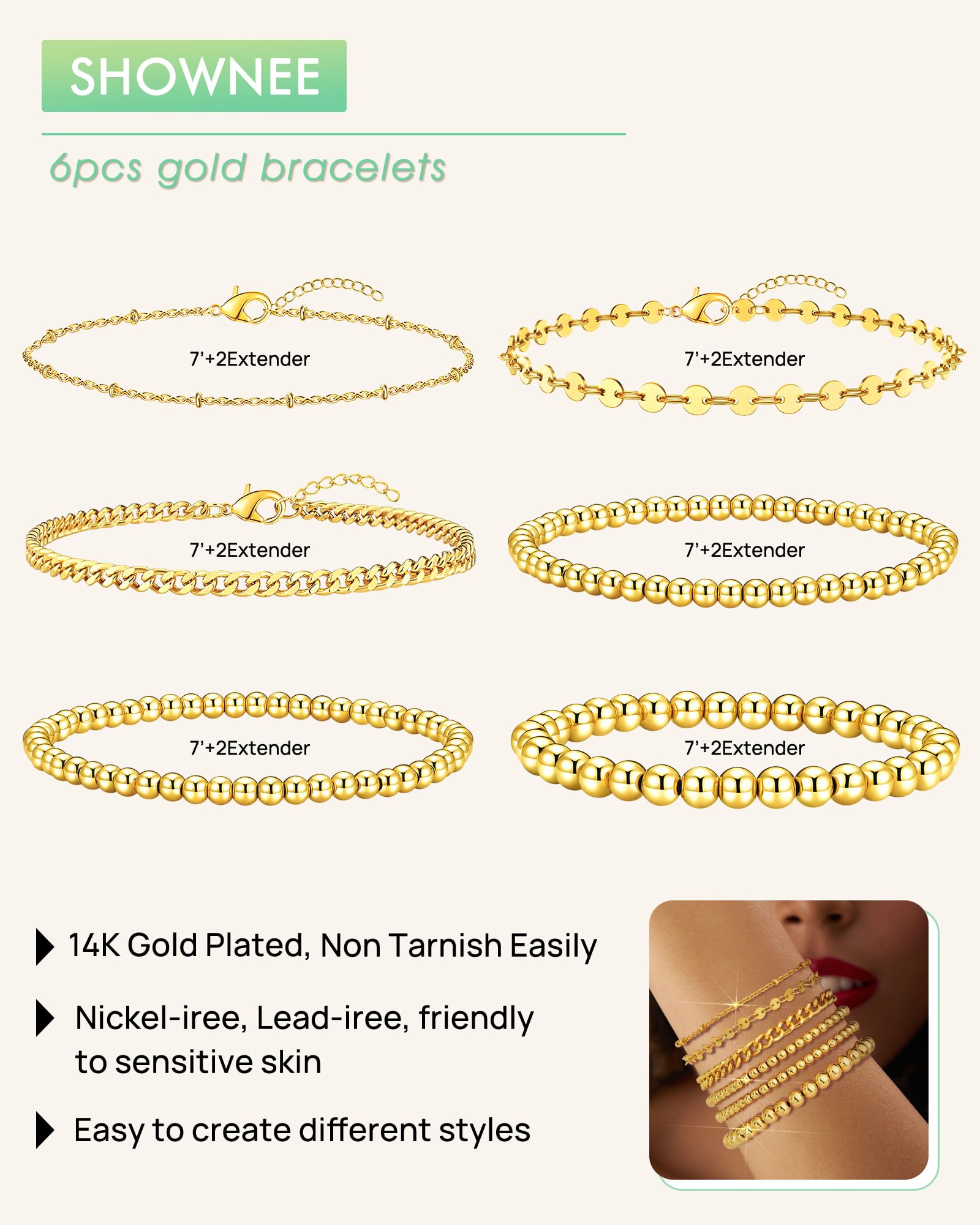 14K Gold Plated Women's Bracelet Set - Dainty Cuban Link, Figaro, Herringbone & Beaded Stackable Bracelets | Non-Tarnish Jewelry Gift for Her | Perfect for Everyday Wear, Layering & Special Occasions