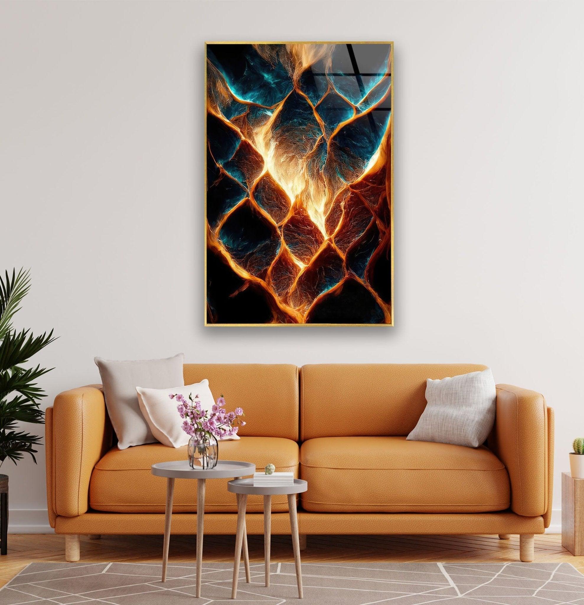 Abstract Fire Glass Wall Art - Modern Home Decor for Living Room, Bedroom & Office - Handmade Glass Mosaic Artwork - Perfect for Gifts & Interior Design