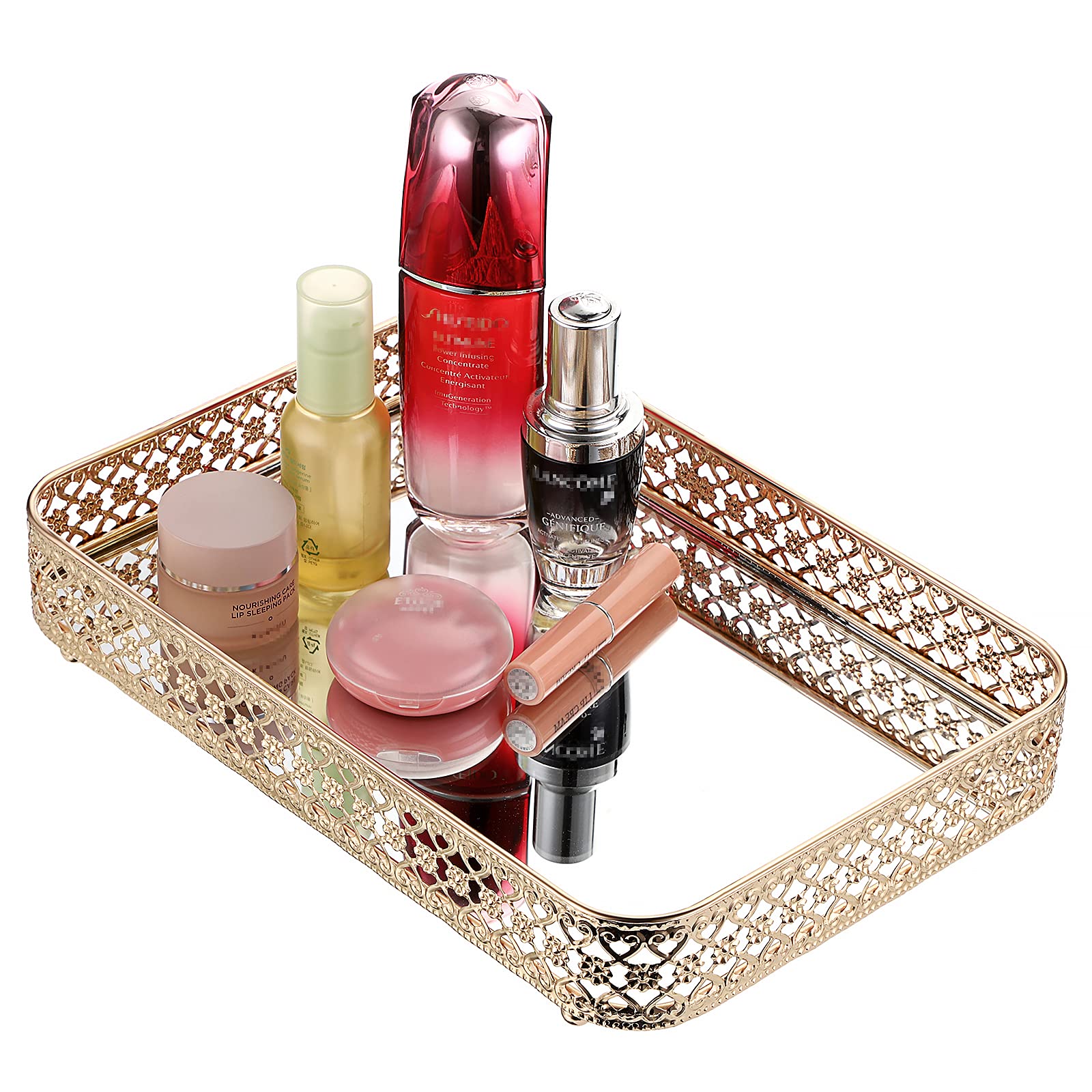 ELLDOO Gold Vanity Tray for Jewelry & Makeup - Hollow-Carved Glass & Metal Organizer with Mirror, Dresser & Bathroom Countertop Storage (Medium Size) - Perfect for Displaying Perfume Bottles, Rings & Cosmetics