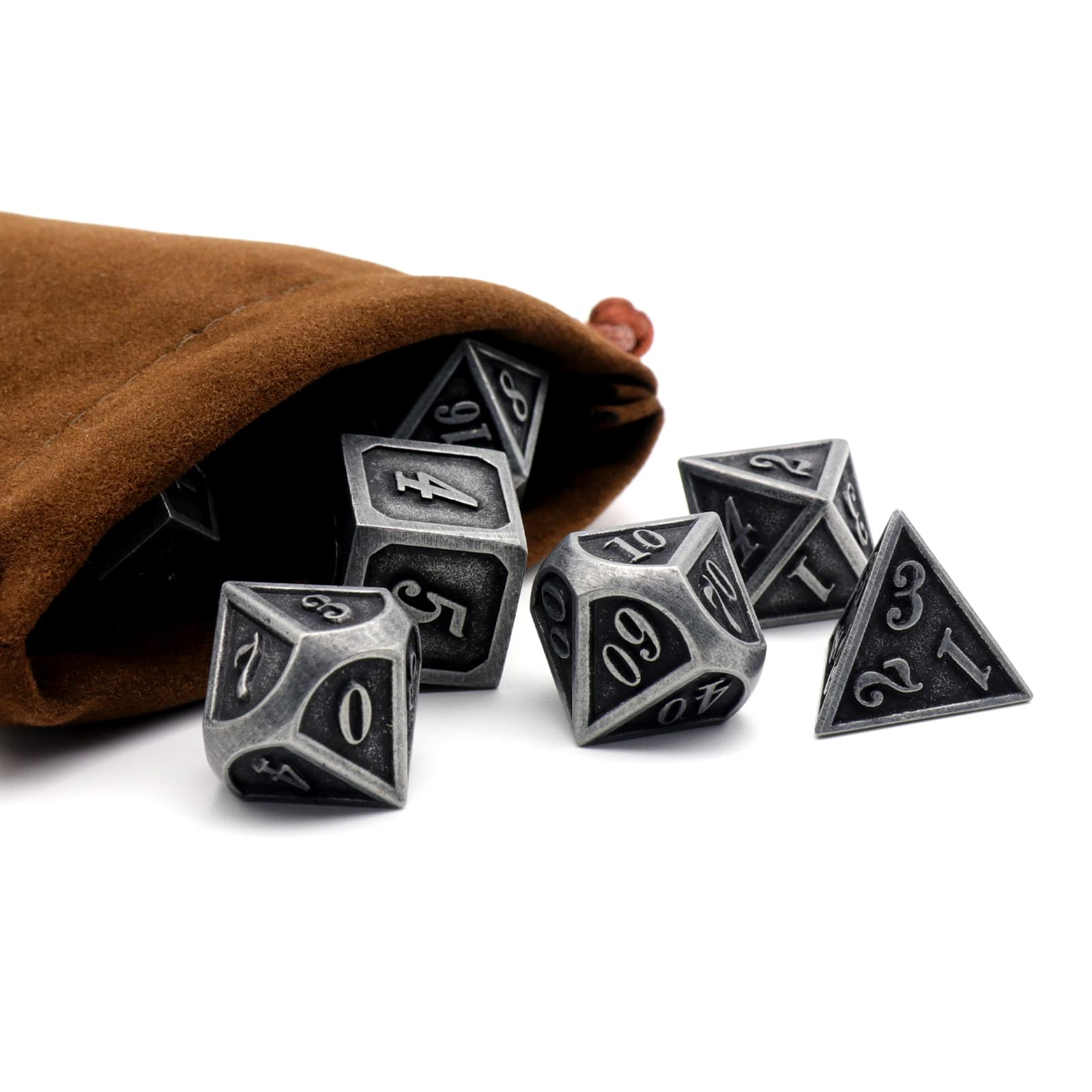 Premium Metal Dice Set for Dungeons & Dragons RPG - 7-Piece Polyhedral DND Dice (D20, D12, D10, D8, D6, D4) in Ancient Silver Finish - Perfect for Tabletop Gaming, MTG, Pathfinder & Shadowrun Adventures