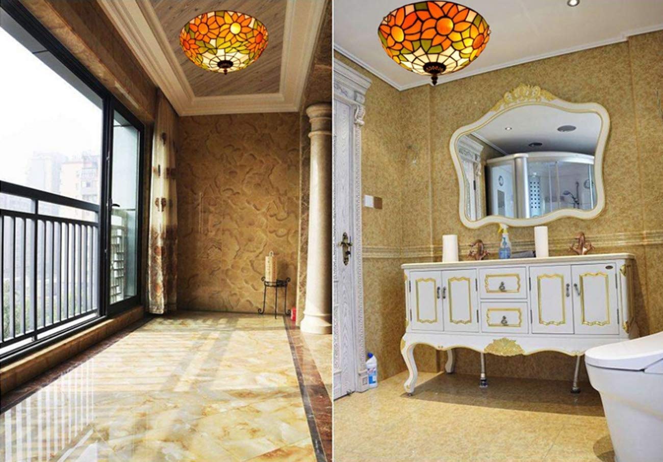 12 Inch Tiffany Style Sunflower Stained Glass Flush Mount Ceiling Light Fixture - E27 Base, 110-240V (Bulbs Not Included) - Perfect for Bedroom, Living Room & Dining Room Lighting Decor