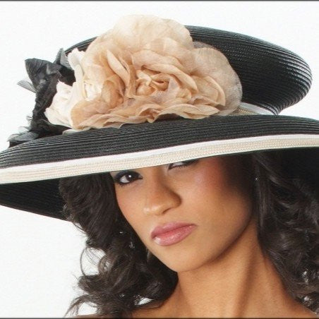 BW6675 Elegant Fashion Church Hat with Tan and White Trim - Perfect for Sunday Services, Weddings & Special Occasions