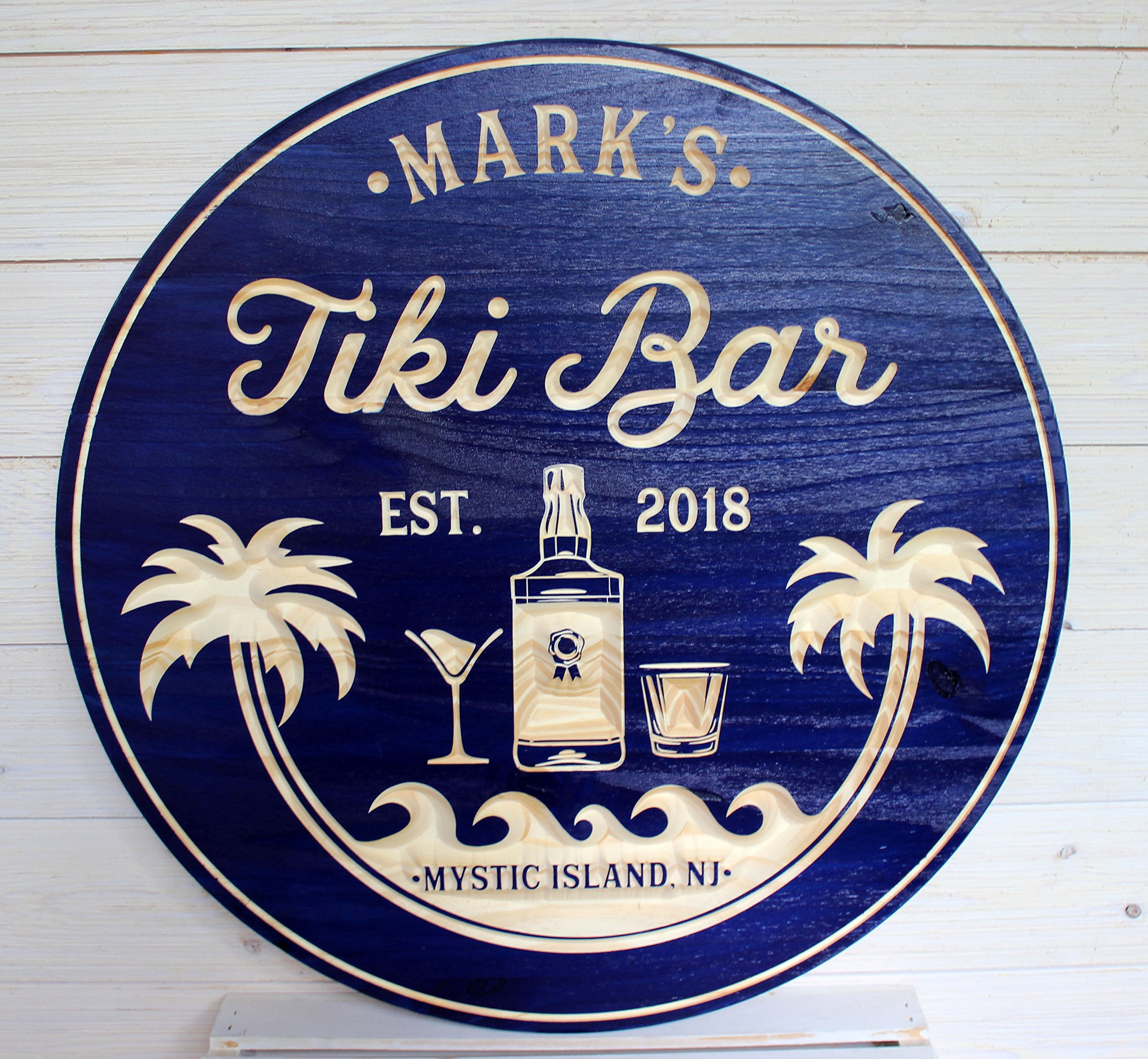 Custom Tiki Bar Sign - Personalized Beach & Pool Bar Sign - Hand Carved Wooden Sign (Blue, 24x24 Inches) - Perfect for Backyard Parties, Tropical Decor & Outdoor Entertaining