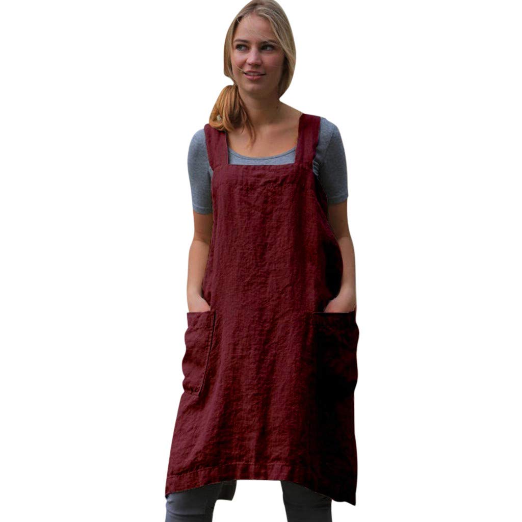 Women's Plus Size Cotton Linen Overall Dress - Casual Bib Apron Garden Work Dress with Square Cross Design | Perfect for Gardening, Cooking, Farm Work & Outdoor Activities