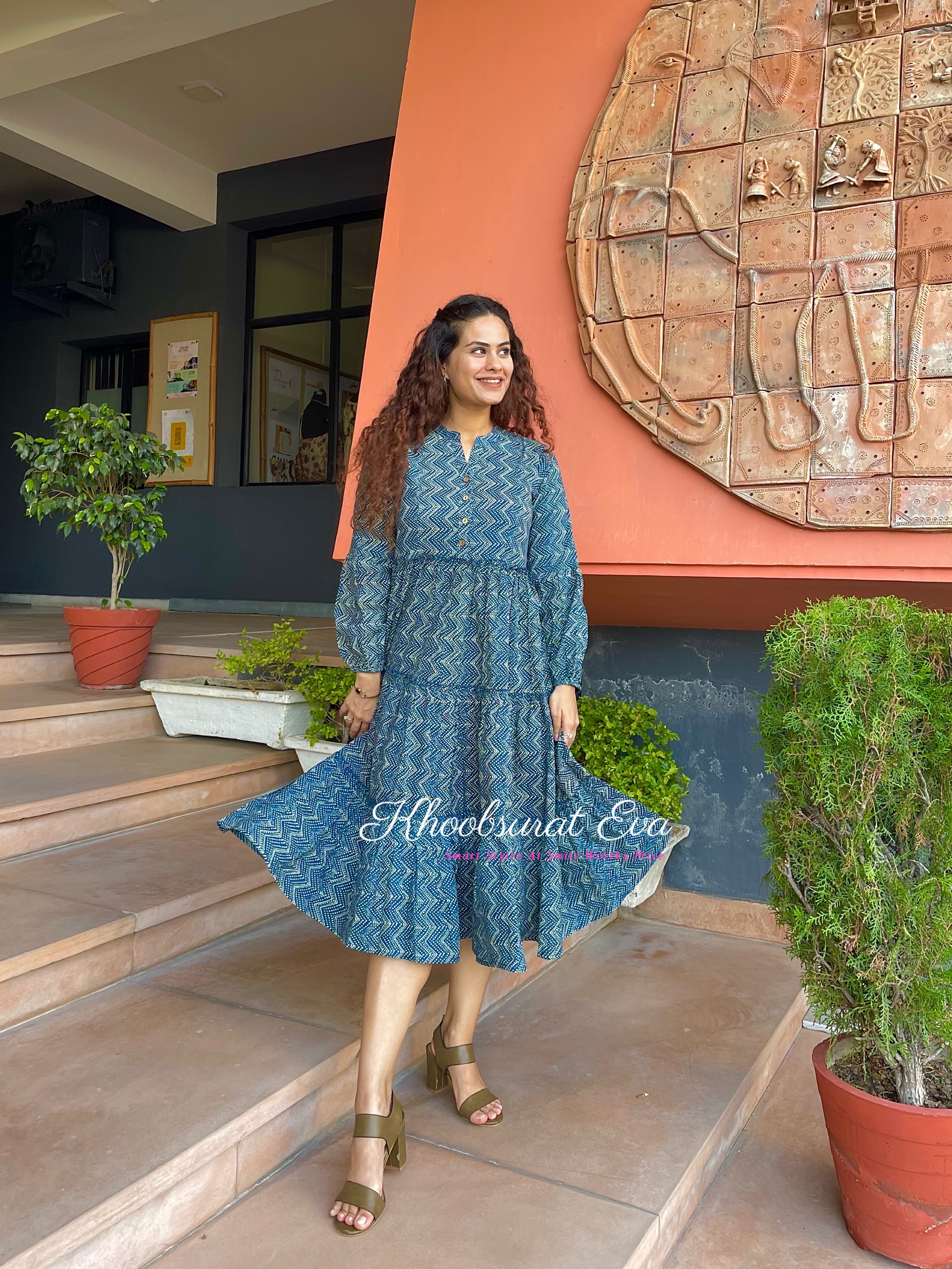 Twirling Tide Blue Cotton Dress - Women's Flowy Summer Dress for Beach, Vacation & Casual Wear | Lightweight & Comfortable