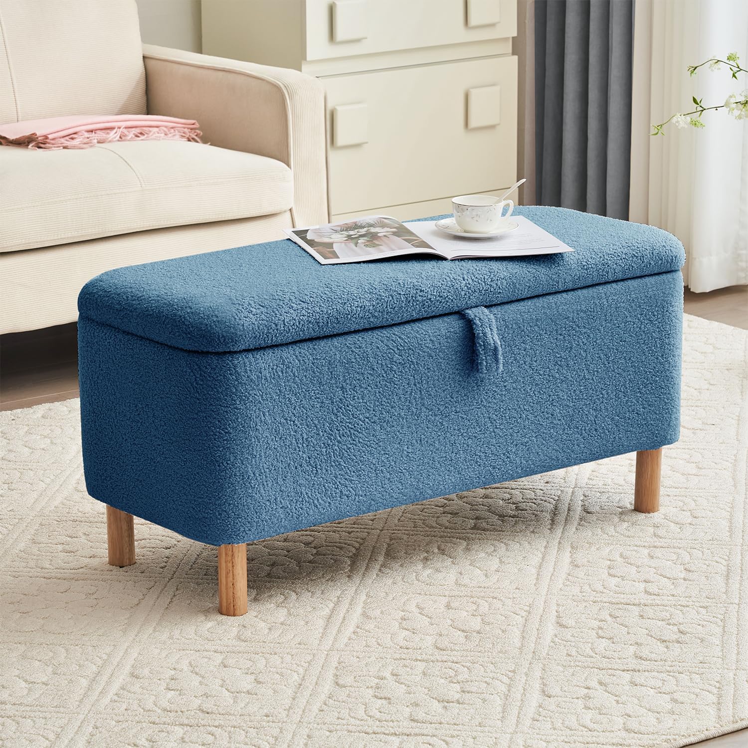 Boucle Storage Ottoman Bench with Sherpa Upholstery - Rectangle Shoe Storage Seat for Bedroom, Entryway & Living Room - Blue Padded Blanket Chest - Perfect for Bed Foot, Hallway Organization & Cozy Home Decor