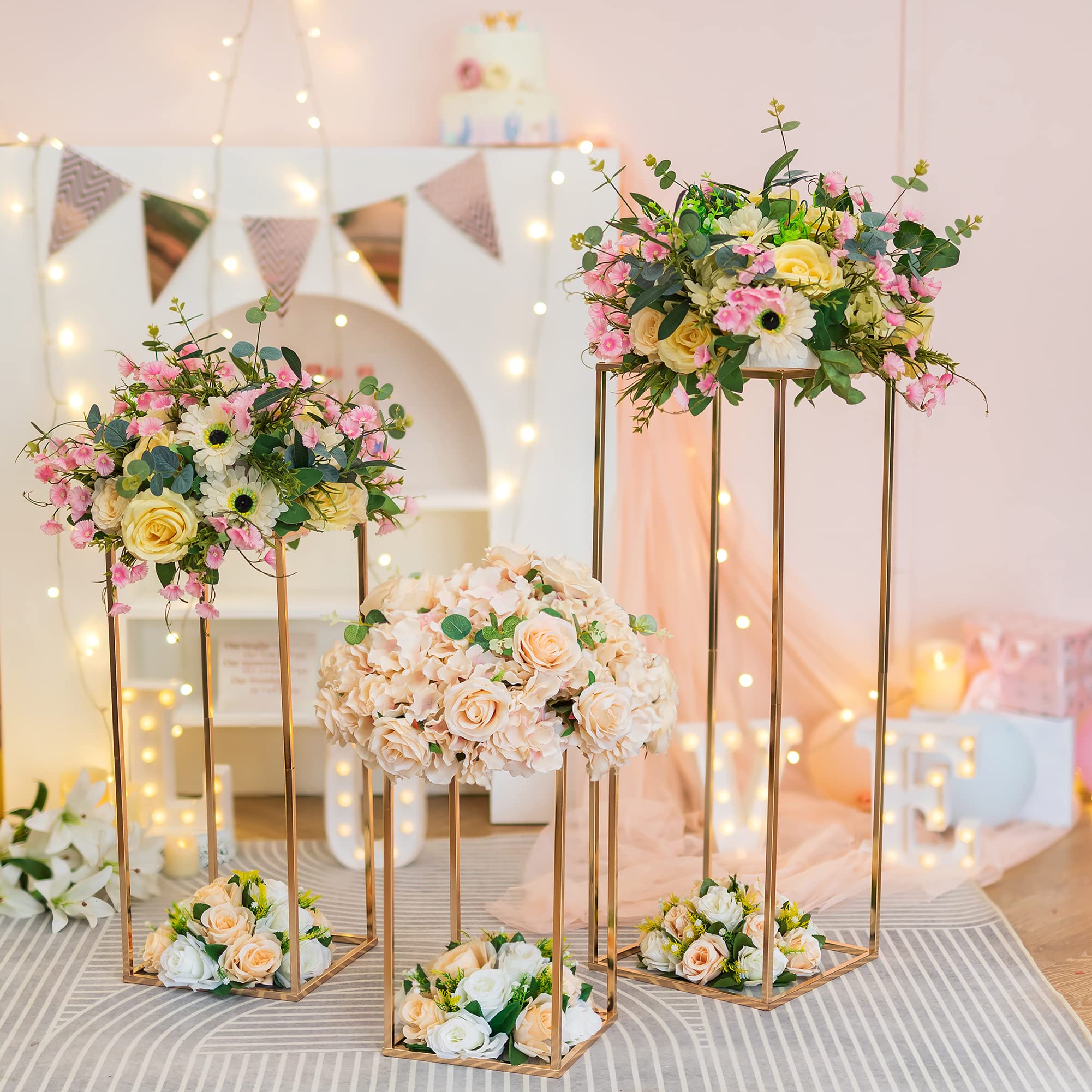 Minimalist Gold Cuboid Flower Stand - 15.75 Inch Wedding Centerpiece for Dining Table Decor | Engagement Party Decorations | Perfect for Wedding Receptions, Anniversary Celebrations & Home Tabletop Displays