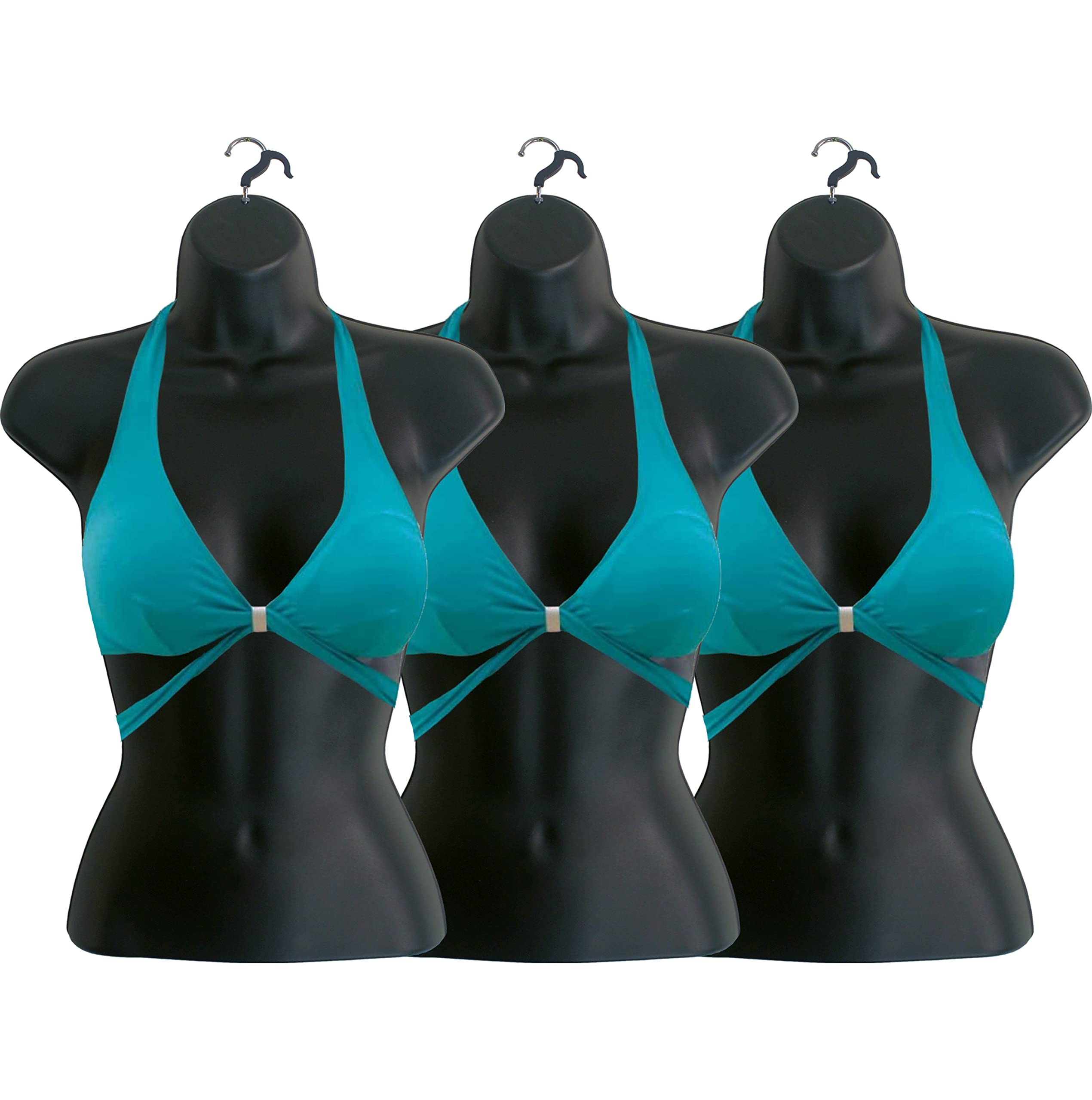 Black Female Hollow Back Mannequin Torso Set with Hanging Hook - 3 Pack (S-M Size) for Clothing Display, Boutique, Retail Store & Fashion Photography