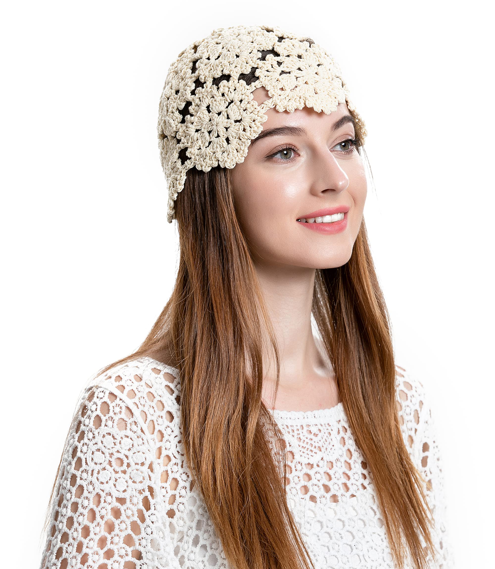 ZLYC Women's Cotton Crochet Skull Cap - Handmade Knit Floral Beanie Hat with Cutout Design for Winter Fashion & Outdoor Activities