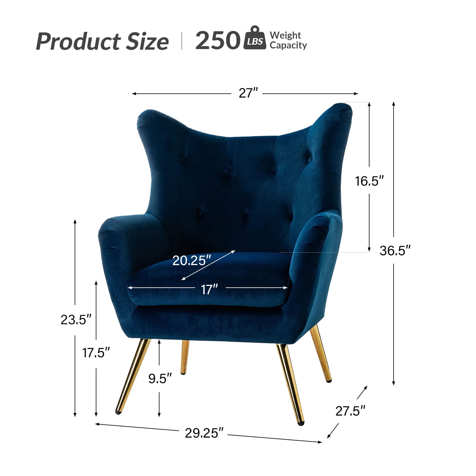 Luxury Isabelle Wingback Velvet Upholstered Armchair - High Back Accent Chair with Sturdy Metal Legs for Living Room, Bedroom & Office Decor